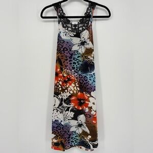 Ocean Blue Dress with Lace Detail Floral and Leopard Print Women’s Large
